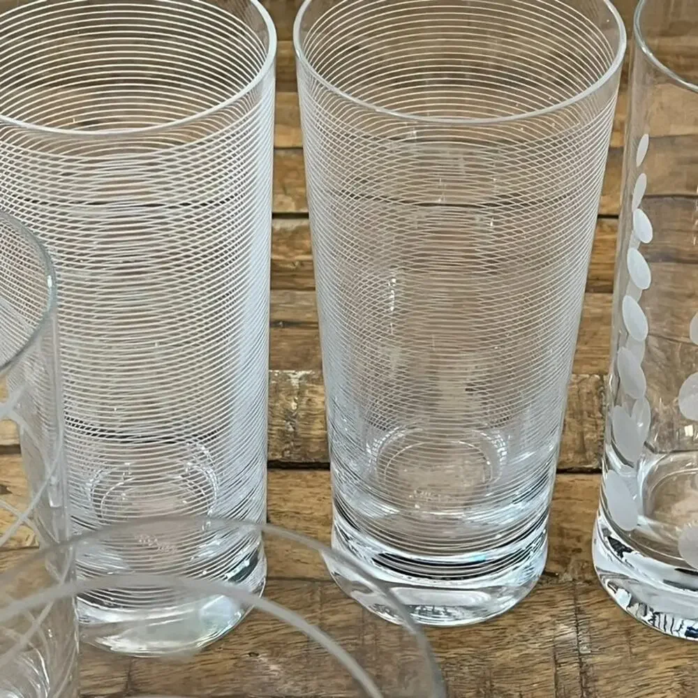 Mikasa Cheers Highball Glass Set of 8 Distinct Etched Patterns Dots Swirls Lines